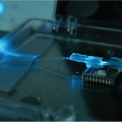 An opening accessible photonic integrated circuit (PIC) foundry process targeting quantum system requirements must enable qubits to be implemented across various frequencies, from the UV to the infared. This packaged quantum photonic system features low-loss visible optical and electrical input/output. Photo Credit: AIM Photonics.