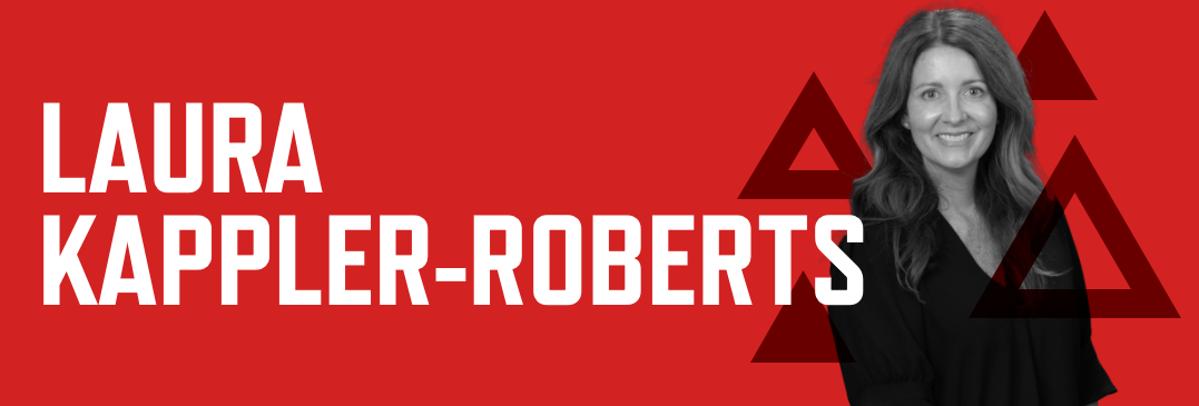 Header graphic with a red background, photo of Laura Kappler-Roberts and her name in white font