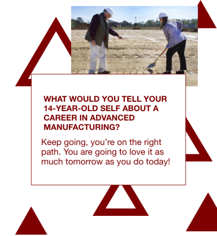 Graphic with a photo of Laura Kappler-Roberts and her father breaking ground for a new facility along with a quote to her 14 year old self: "Keep going, you're on the right path. You are going to love it as much tomorrow as you do today!”