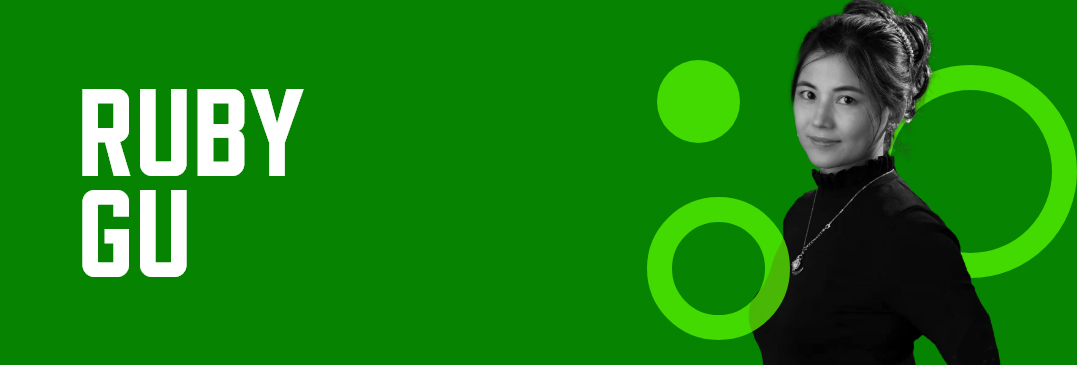 Header graphic with a green background, photo of Ruby Gu, and her name in white font