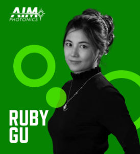 Graphic with green background, photo of Ruby Gu, her name in white font, and the AIM Photonics Logo