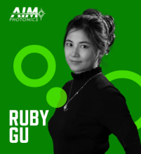 Graphic with green background, photo of Ruby Gu, her name in white font, and the AIM Photonics Logo