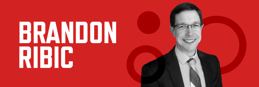 Header graphic with a red background, photo of Brandon Ribic with his name in large white font