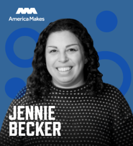 Headshot graphic with a blue background, photo of Jennie Becker, her name in white font and the America Makes logo