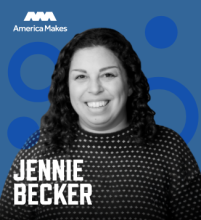 Headshot graphic with a blue background, photo of Jennie Becker, her name in white font and the America Makes logo