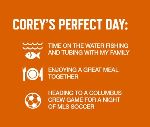 Graphic with an orange background and white font listing Corey Adams' perfect day activities: Time on the water, fishing and tubing with my family   Enjoying a great meal together   Heading to a Columbus Crew game for a night of MLS soccer 