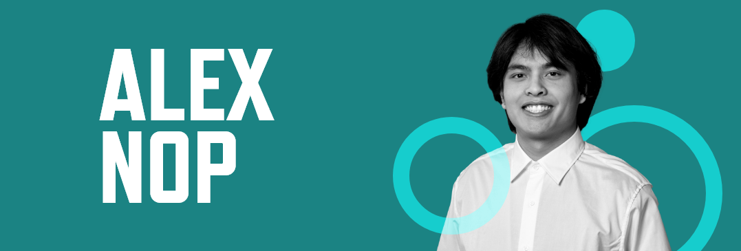 Header graphic with a teal background, photo of Alex Nop, and his name in large white font
