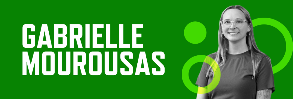 header banner graphic with a bright green background, black and white photo of Gabrielle Mourousas and her name in large white font