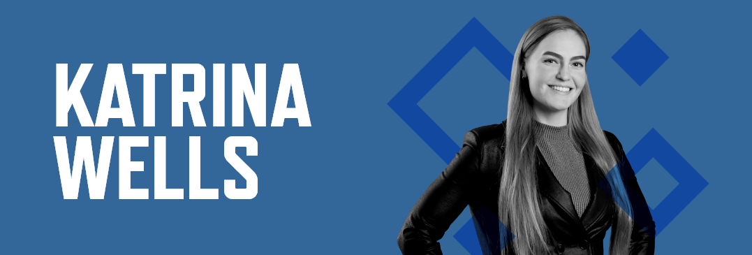 Header graphic with a blue background, photo of Katrina Wells, her name in white font.