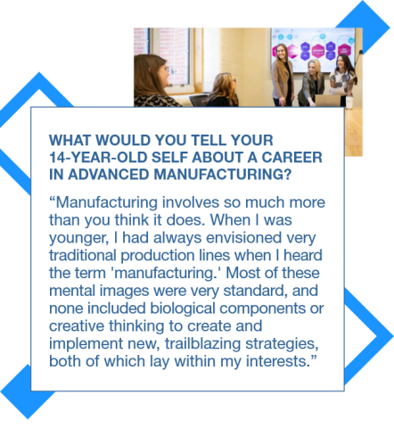 Graphic with a photo of Katrina Wells at work and a quote to her 14 year old self: "Manufacturing involves so much more than you think it does. When I was younger, I had always envisioned very traditional production lines when I heard the term "manufacturing." Most of these mental images were very standard, and none included biological components or creative thinking to create and implement new, trailblazing strategies, both of which lay within my interests."