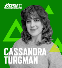 Graphic with a green background, photo of Cassandra Turgman, her name in white font, and the CESMII logo