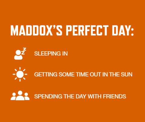 Graphic with an orange background and white font with a list of Maddox Fooks' perfect day activities: Sleeping in   Getting some time out in the sun   Spending the day with friends 