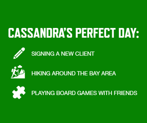 Graphic with a green background and white font listing Cassandra Turgman's perfect day activities: Signing a new client   Hiking around the Bay Area   Playing board games with friends