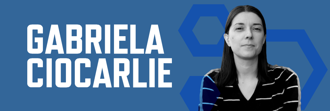Header graphic with a photo of Gabriela Ciocarlie and her name in white font with a blue background