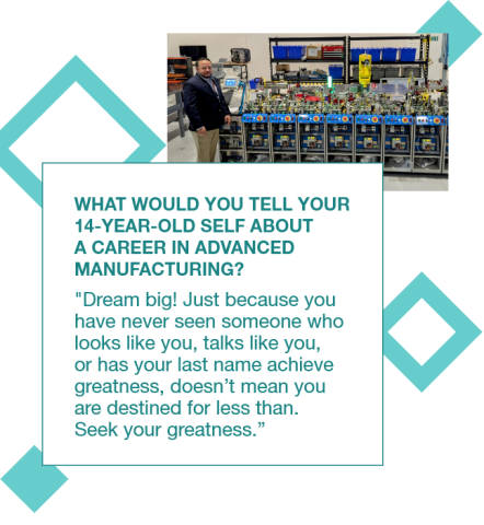 Graphic with a photo of Nate Acevedo standing in front of a CyManII training station and a quote to his 14yo self: Dream big! Just because you have never seen someone who looks like you, talks like you, or has your last name achieve greatness, doesn’t mean you are destined for less than. Seek your greatness.”