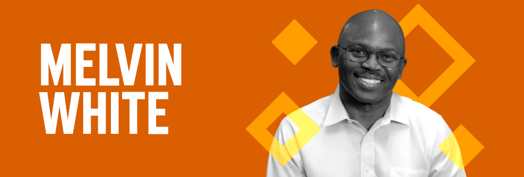 Header graphic with an orange background, photo of Melvin White, and his name in white font