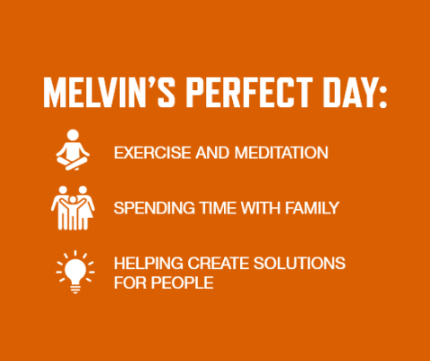 Graphic with an orange background and white font listing Melvin White's perfect day activities: Exercise and meditation   Spending time with family   Helping create solutions for people