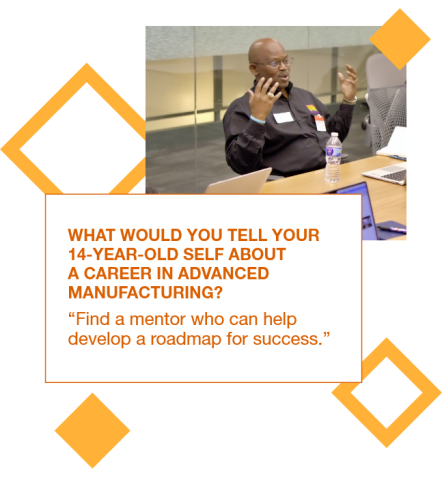 Graphic with a photo of Melvin White speaking at a conference and a quote to his 14yo self: "Find a mentor who can help develop a roadmap for success.”