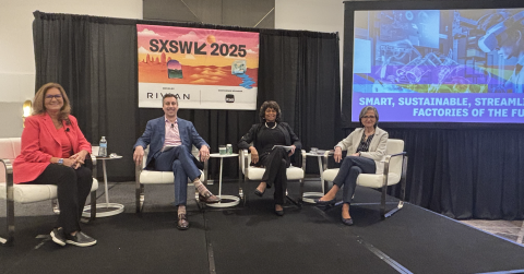 Photo of panelists: Suzy Teele, Jeff Winter, Dr. Maria Curry-Nkansah, and Kathie Leonard on stage at SXSW 2025 for their panel: "Smart, Sustainable, Streamlined: Factories of the Future"