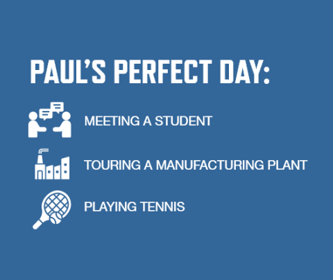Graphic with a blue background and white font listing Paul Perkins' perfect day activities: Meeting a student   Touring a manufacturing plant   Playing tennis
