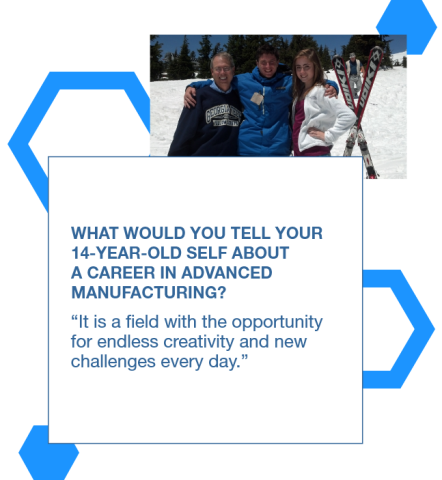 Graphic with a photo of Paul Perkins with his kids skiing with a quote to his 14yo self: "It is a field with the opportunity for endless creativity and new challenges every day.”