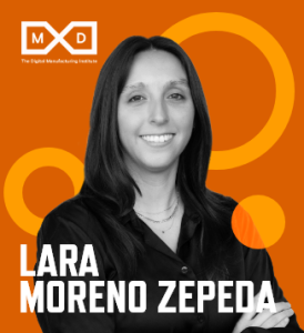 Graphic with an orange background, photo of Lara Moreno Zepeda, her name in white font and the MxD logo