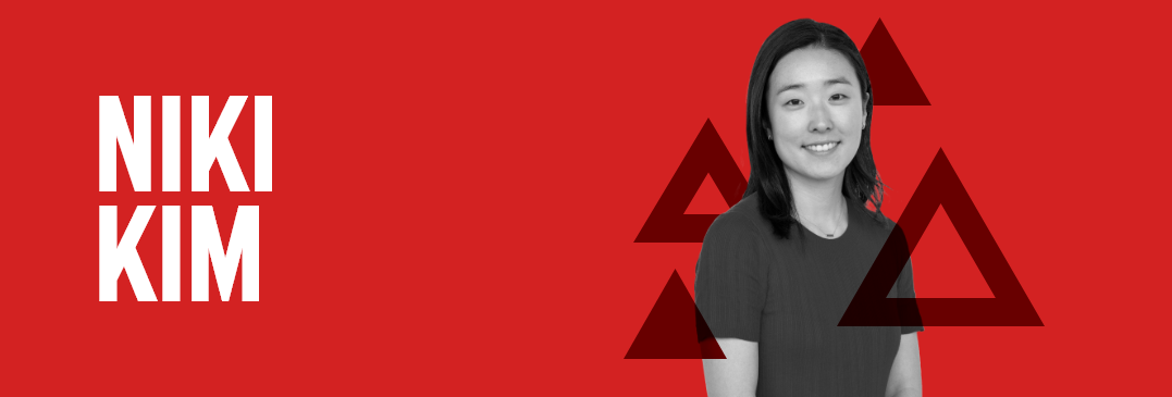 Header graphic with a red background, photo of Niki Kim, and her name in white font