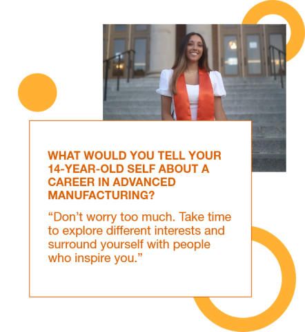 Graphic with a photo of Lara Moreno Zepeda at graduation and a quote to her 14 year old self: "Don’t worry too much. Take time to explore different interests and surround yourself with people who inspire you.”