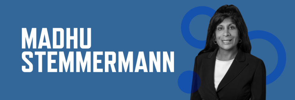 Header graphic with a blue background, photo of Madhu Stemmermann, and her name in large white font