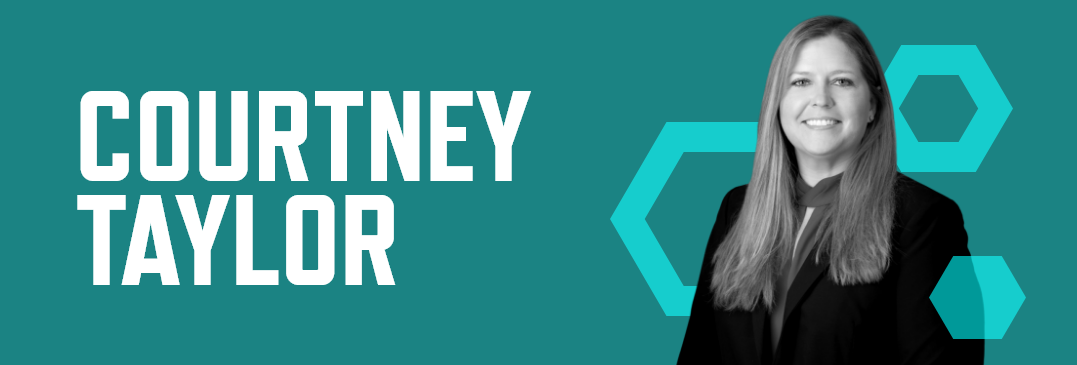 Header graphic with a teal background, photo of Courtney Taylor, and her name in white font