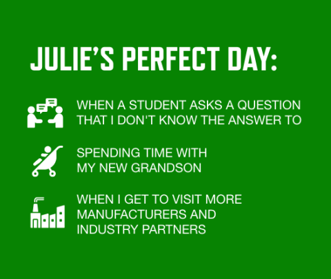 Graphic with a green background and white font listing Julie Huckaba's perfect day activities: "When a student asks a question that I don't know the answer to   Spending time with my new grandson   When I get to visit more manufacturers and industry partners 