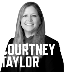 Photo of Courtney Taylor and her name in white font