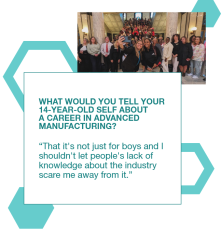 Graphic with a photo of Courtney Taylor with her team and a quote to her 14 year old self: "That it's not just for boys and I shouldn't let people's lack of knowledge about the industry scare me away from it.”