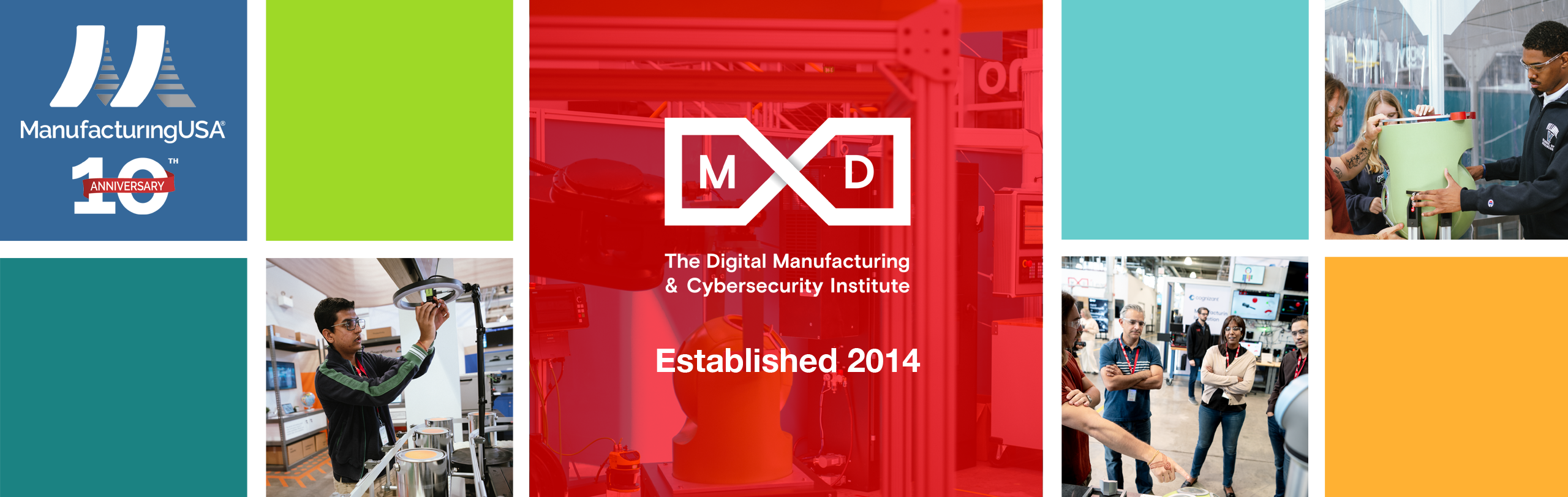 Header graphic with MxD logo in the center square with color blocked squares mixed with photos from MxD