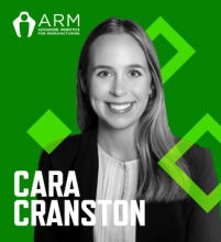 Graphic with a green background, photo of Cara Cranston with her name in white font, and the ARM Institute logo