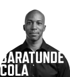 black and white photo of Baratunde Cola with his name in large white font