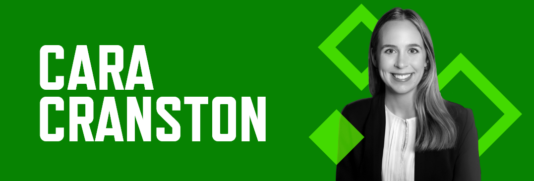 Header graphic with a green background, photo of Cara Cranston, and her name in white font