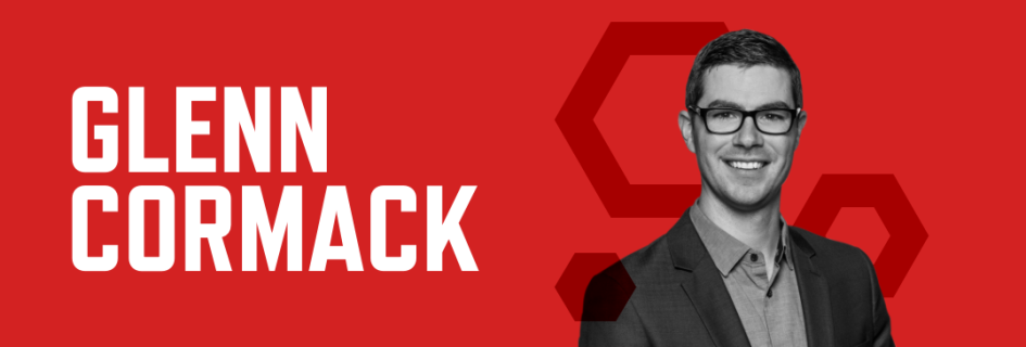 Header banner with a red background, photo of Glenn Cormack and his name in large white font