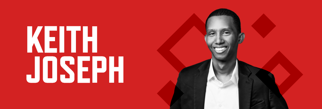 Header graphic with red background, photo of Keith Joseph, and his name in white font