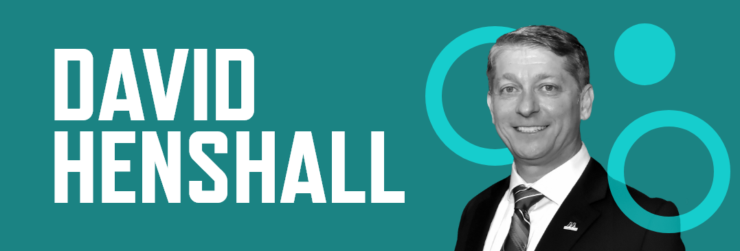 Header graphic with a teal background, photo of David Henshall, and his name in white font