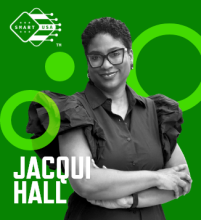 Graphic with a green background, photo of Jacqui Hall, her name in white font, and the SMART USA logo