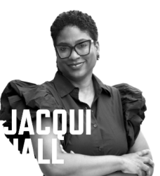 Photo of Jacqui Hall and her name in white font